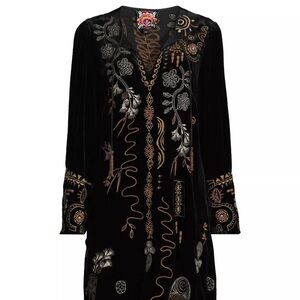 Johnny Was Black Velvet Dress with Embroidered Patterns XS
